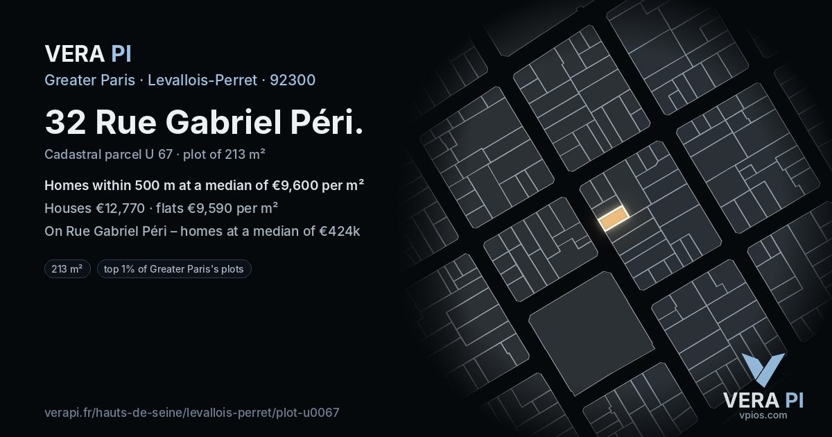 32 Rue Gabriel Péri, Levallois-Perret at night – the plot lit, the parcels around coloured by the prices near them