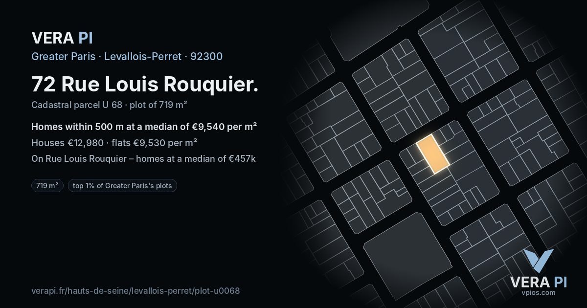 72 Rue Louis Rouquier, Levallois-Perret at night – the plot lit, the parcels around coloured by the prices near them