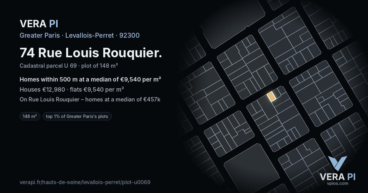 74 Rue Louis Rouquier, Levallois-Perret at night – the plot lit, the parcels around coloured by the prices near them