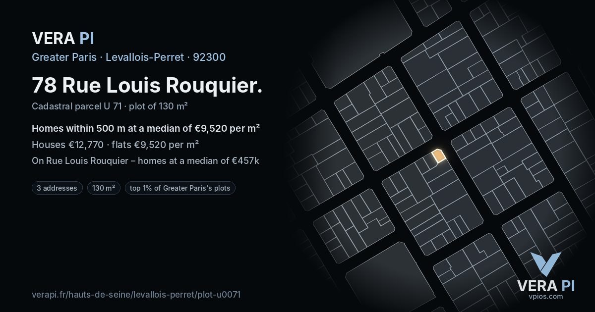 78 Rue Louis Rouquier, Levallois-Perret at night – the plot lit, the parcels around coloured by the prices near them