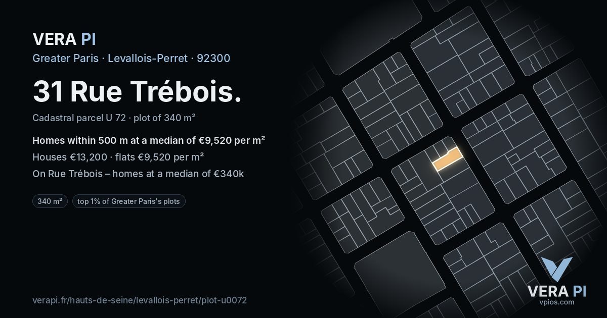 31 Rue Trébois, Levallois-Perret at night – the plot lit, the parcels around coloured by the prices near them