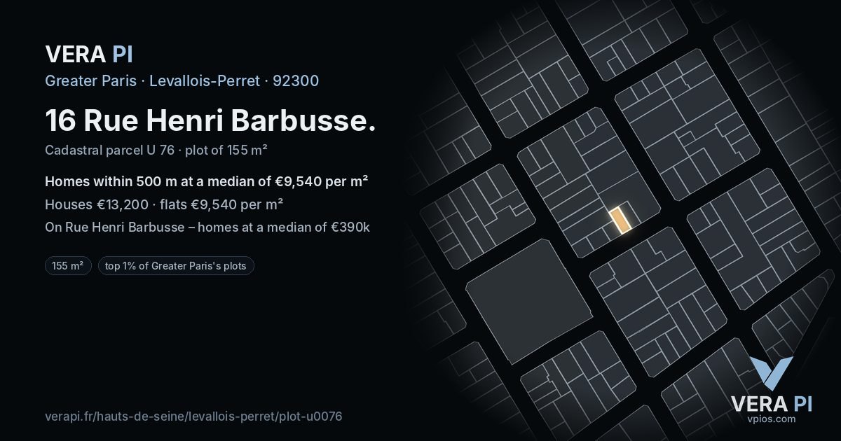 16 Rue Henri Barbusse, Levallois-Perret at night – the plot lit, the parcels around coloured by the prices near them