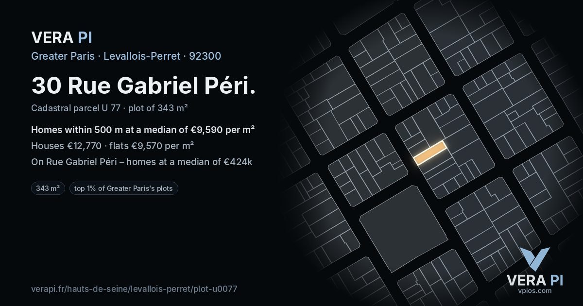 30 Rue Gabriel Péri, Levallois-Perret at night – the plot lit, the parcels around coloured by the prices near them