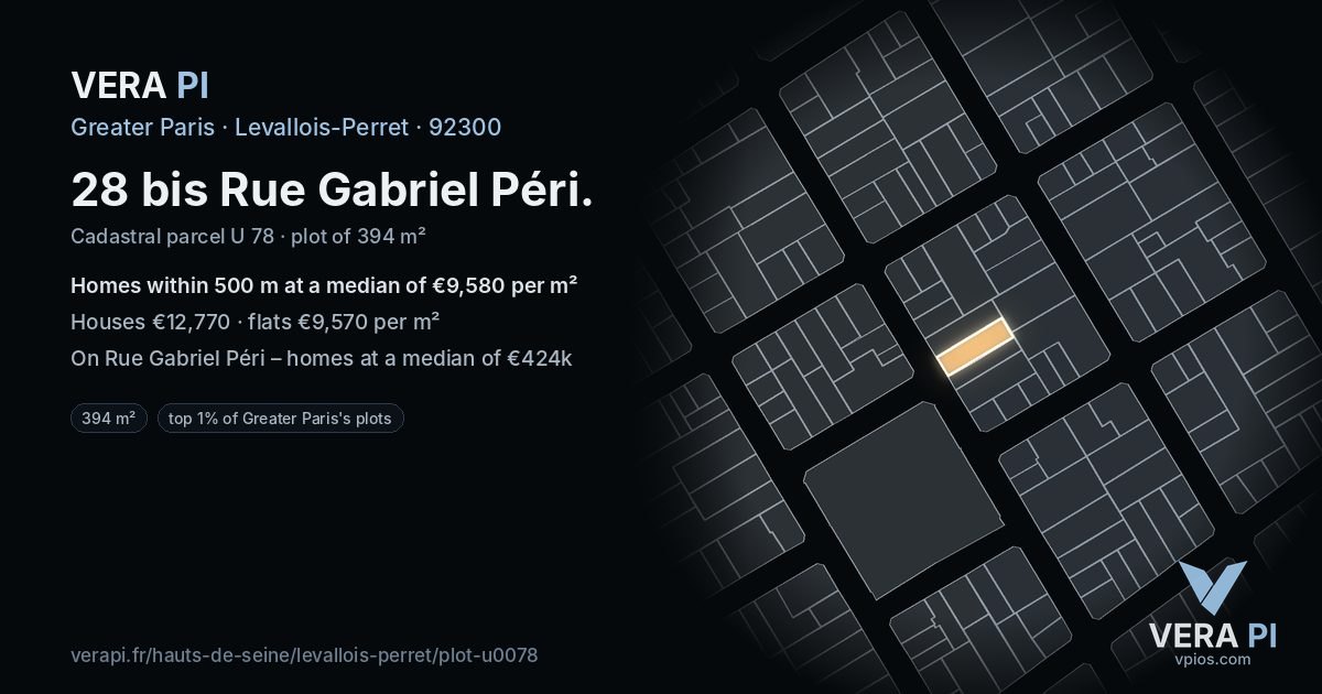 28 bis Rue Gabriel Péri, Levallois-Perret at night – the plot lit, the parcels around coloured by the prices near them