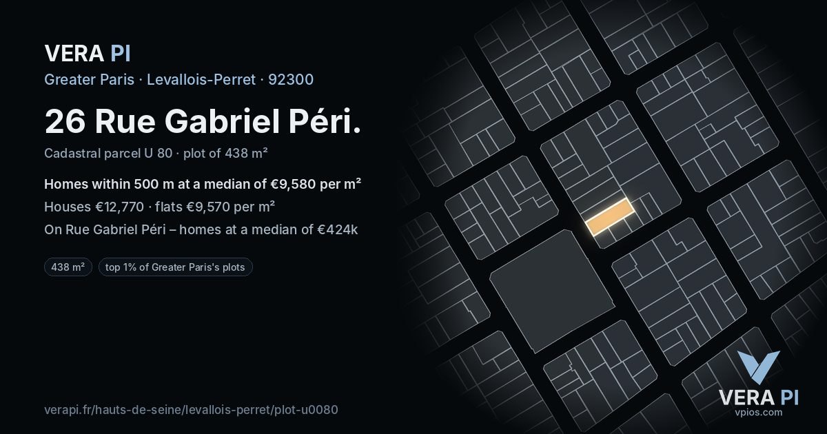26 Rue Gabriel Péri, Levallois-Perret at night – the plot lit, the parcels around coloured by the prices near them