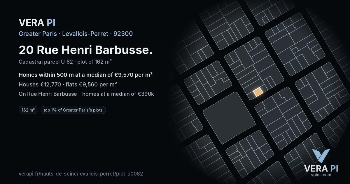 20 Rue Henri Barbusse, Levallois-Perret at night – the plot lit, the parcels around coloured by the prices near them