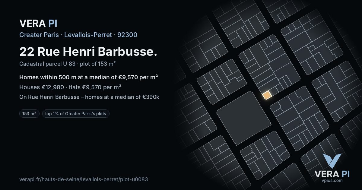 22 Rue Henri Barbusse, Levallois-Perret at night – the plot lit, the parcels around coloured by the prices near them