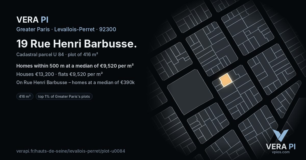 19 Rue Henri Barbusse, Levallois-Perret at night – the plot lit, the parcels around coloured by the prices near them
