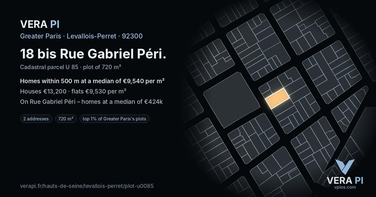 18 bis Rue Gabriel Péri, Levallois-Perret at night – the plot lit, the parcels around coloured by the prices near them