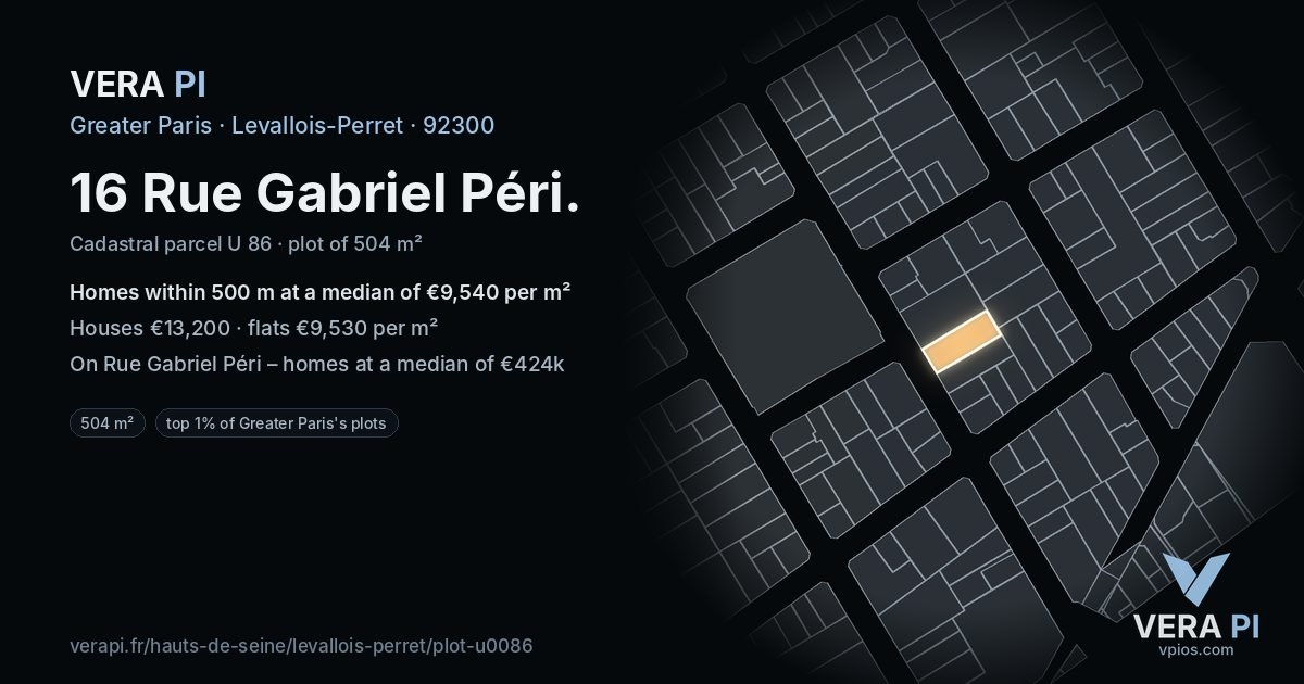 16 Rue Gabriel Péri, Levallois-Perret at night – the plot lit, the parcels around coloured by the prices near them