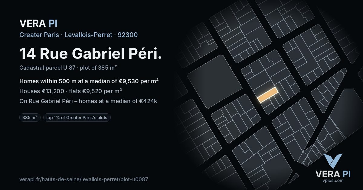 14 Rue Gabriel Péri, Levallois-Perret at night – the plot lit, the parcels around coloured by the prices near them