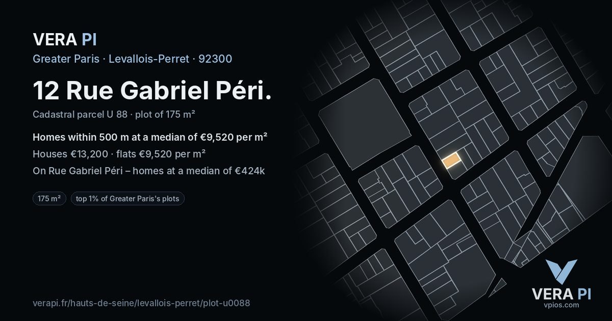 12 Rue Gabriel Péri, Levallois-Perret at night – the plot lit, the parcels around coloured by the prices near them