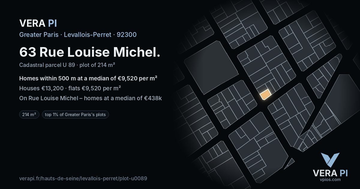 63 Rue Louise Michel, Levallois-Perret at night – the plot lit, the parcels around coloured by the prices near them