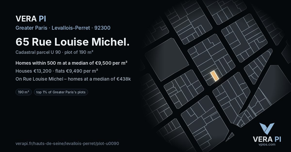 65 Rue Louise Michel, Levallois-Perret at night – the plot lit, the parcels around coloured by the prices near them