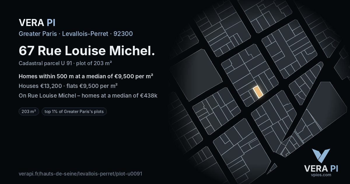 67 Rue Louise Michel, Levallois-Perret at night – the plot lit, the parcels around coloured by the prices near them
