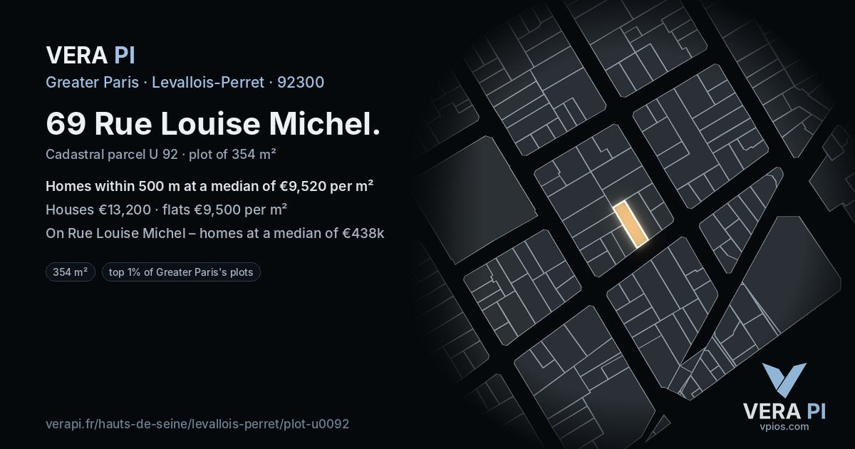 69 Rue Louise Michel, Levallois-Perret at night – the plot lit, the parcels around coloured by the prices near them