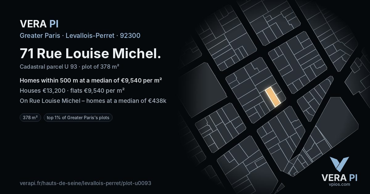 71 Rue Louise Michel, Levallois-Perret at night – the plot lit, the parcels around coloured by the prices near them