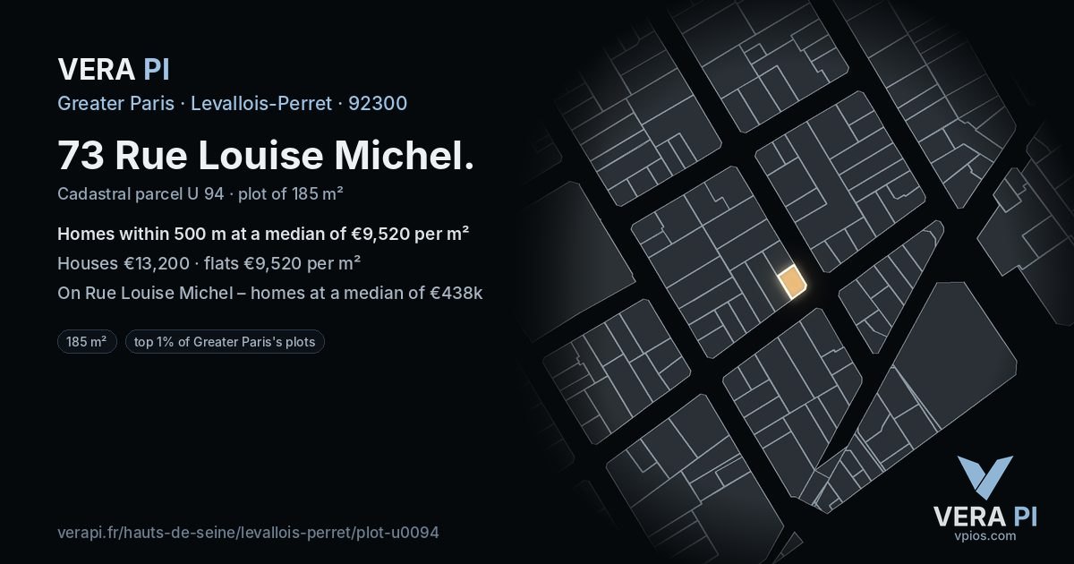 73 Rue Louise Michel, Levallois-Perret at night – the plot lit, the parcels around coloured by the prices near them