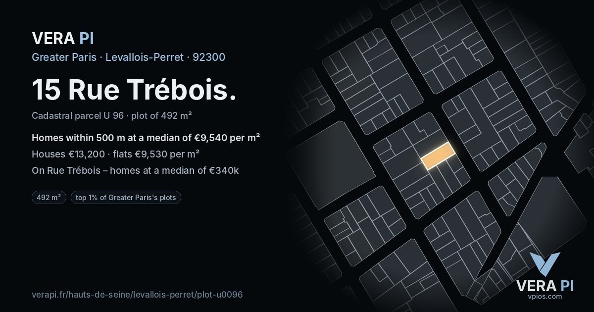 15 Rue Trébois, Levallois-Perret at night – the plot lit, the parcels around coloured by the prices near them