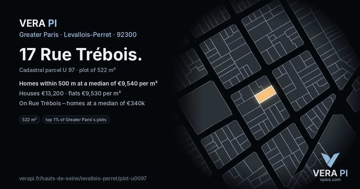 17 Rue Trébois, Levallois-Perret at night – the plot lit, the parcels around coloured by the prices near them