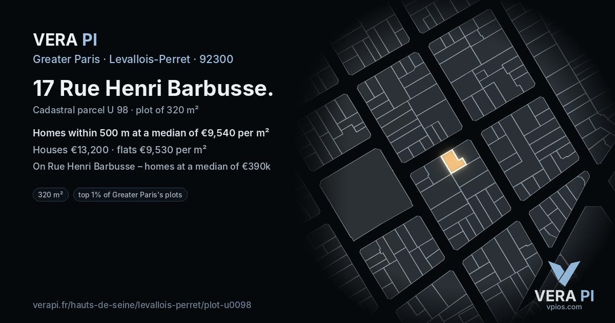 17 Rue Henri Barbusse, Levallois-Perret at night – the plot lit, the parcels around coloured by the prices near them