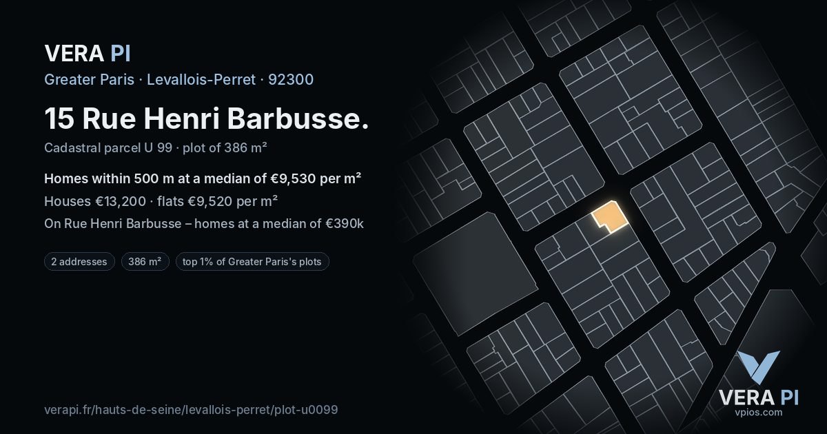 15 Rue Henri Barbusse, Levallois-Perret at night – the plot lit, the parcels around coloured by the prices near them