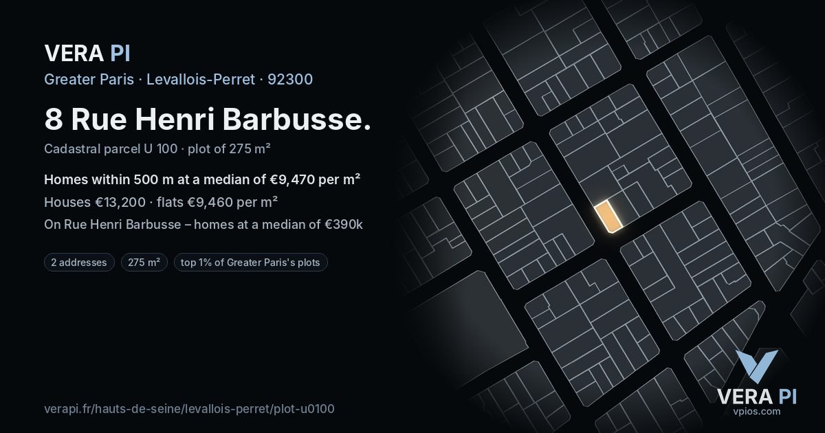 8 Rue Henri Barbusse, Levallois-Perret at night – the plot lit, the parcels around coloured by the prices near them