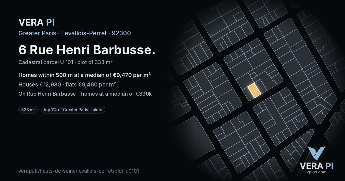 6 Rue Henri Barbusse, Levallois-Perret at night – the plot lit, the parcels around coloured by the prices near them