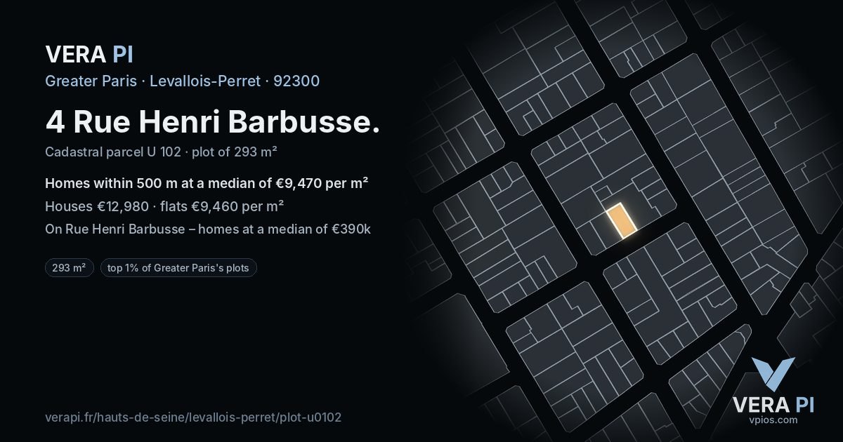 4 Rue Henri Barbusse, Levallois-Perret at night – the plot lit, the parcels around coloured by the prices near them