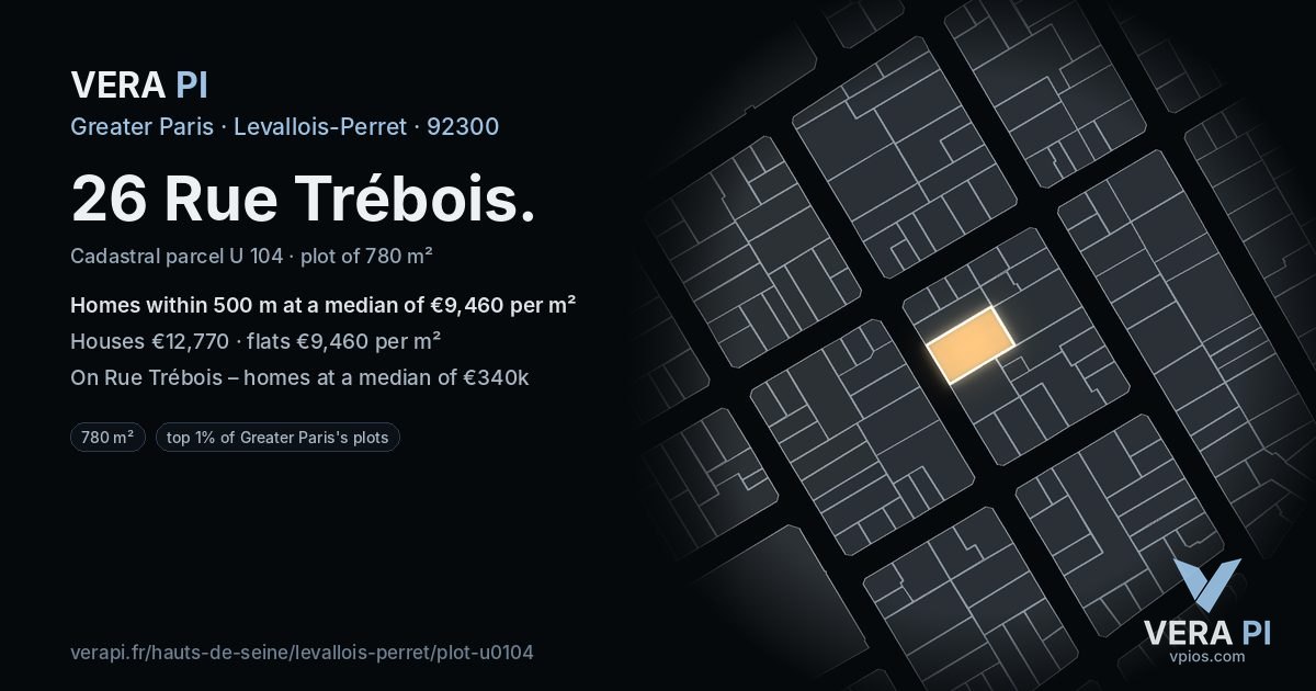 26 Rue Trébois, Levallois-Perret at night – the plot lit, the parcels around coloured by the prices near them