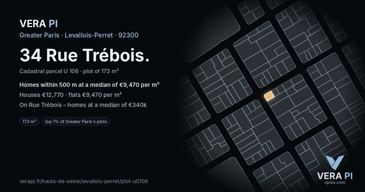 34 Rue Trébois, Levallois-Perret at night – the plot lit, the parcels around coloured by the prices near them