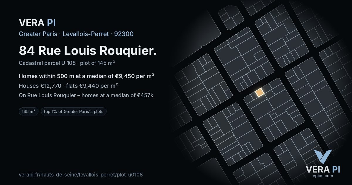 84 Rue Louis Rouquier, Levallois-Perret at night – the plot lit, the parcels around coloured by the prices near them