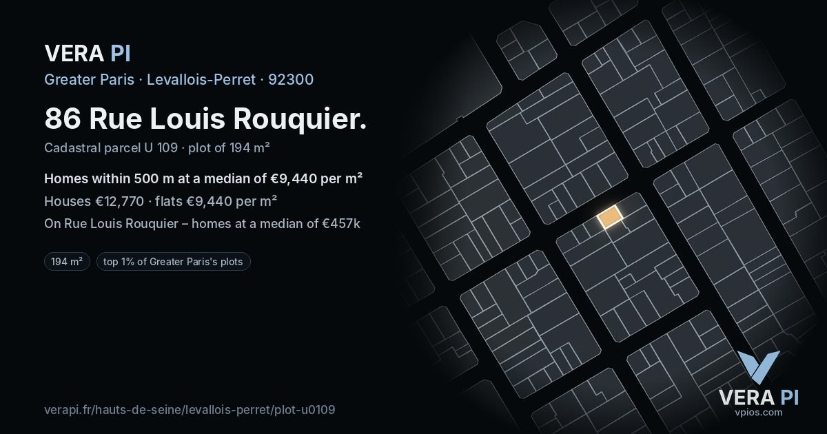 86 Rue Louis Rouquier, Levallois-Perret at night – the plot lit, the parcels around coloured by the prices near them