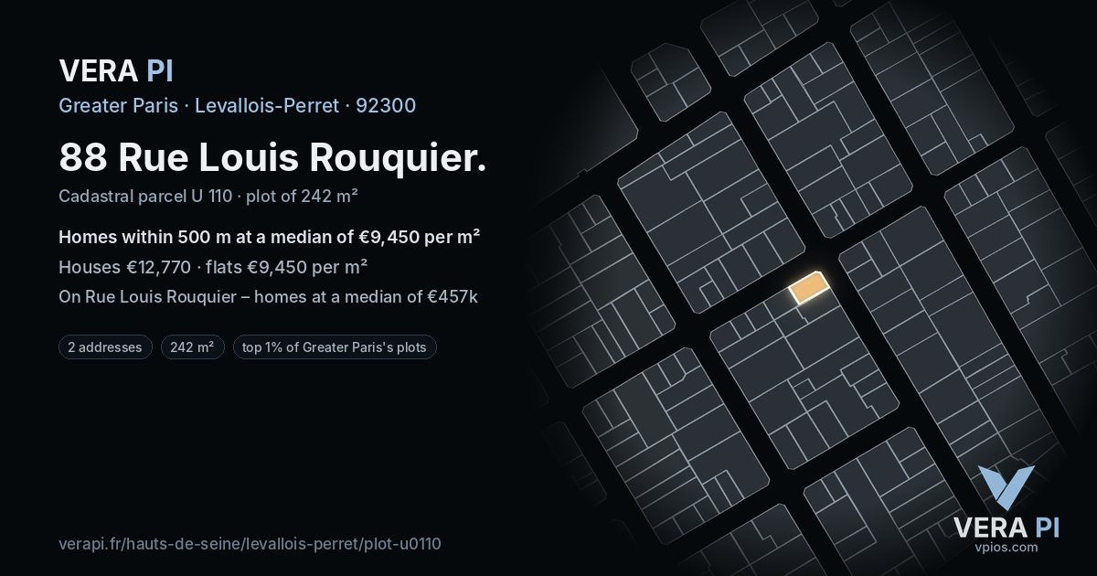 88 Rue Louis Rouquier, Levallois-Perret at night – the plot lit, the parcels around coloured by the prices near them