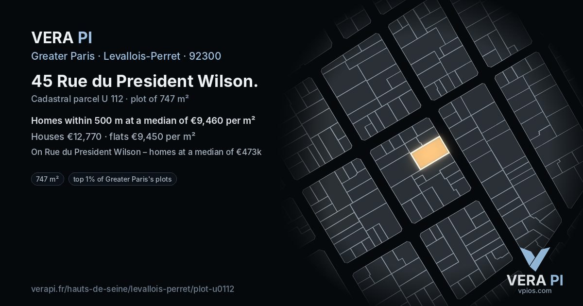 45 Rue du President Wilson, Levallois-Perret at night – the plot lit, the parcels around coloured by the prices near them