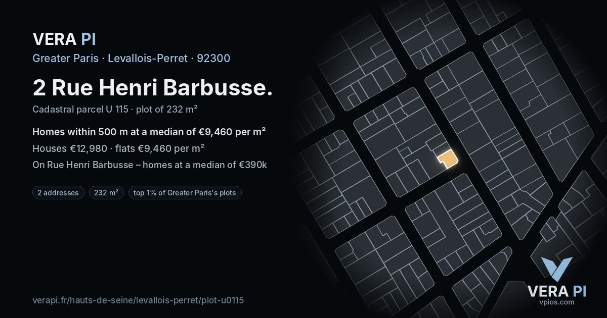 2 Rue Henri Barbusse, Levallois-Perret at night – the plot lit, the parcels around coloured by the prices near them