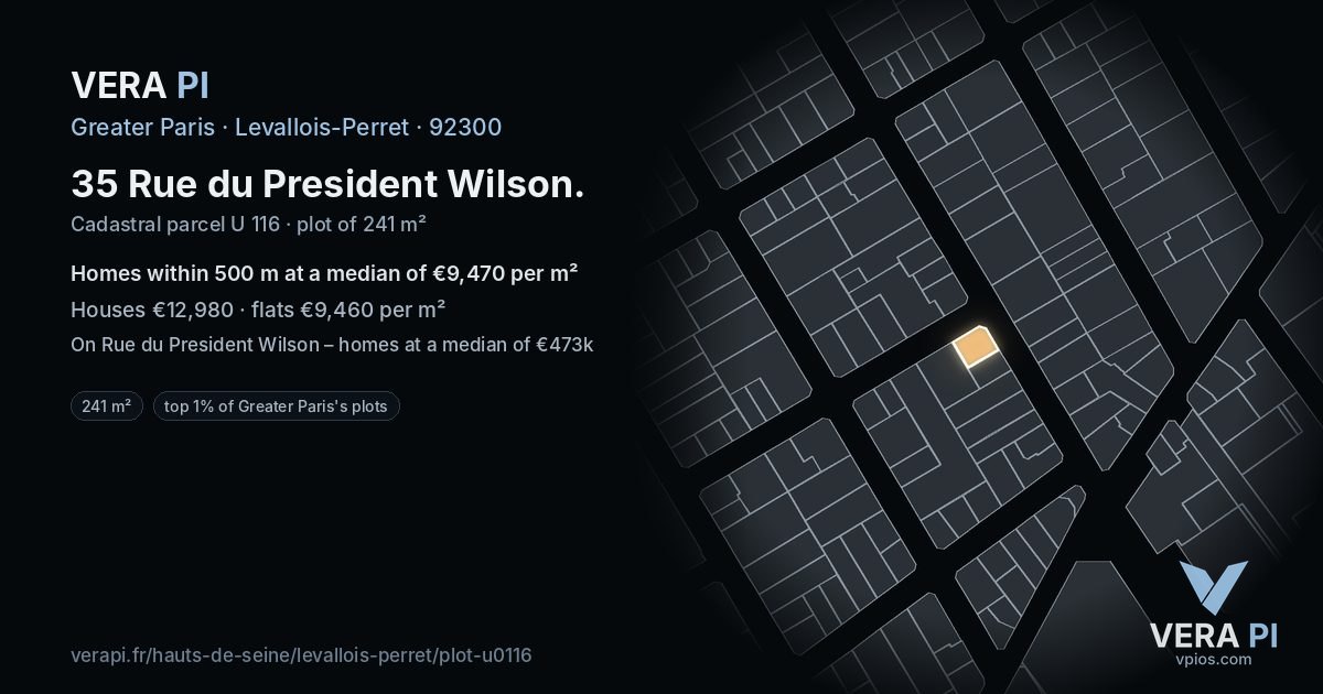 35 Rue du President Wilson, Levallois-Perret at night – the plot lit, the parcels around coloured by the prices near them