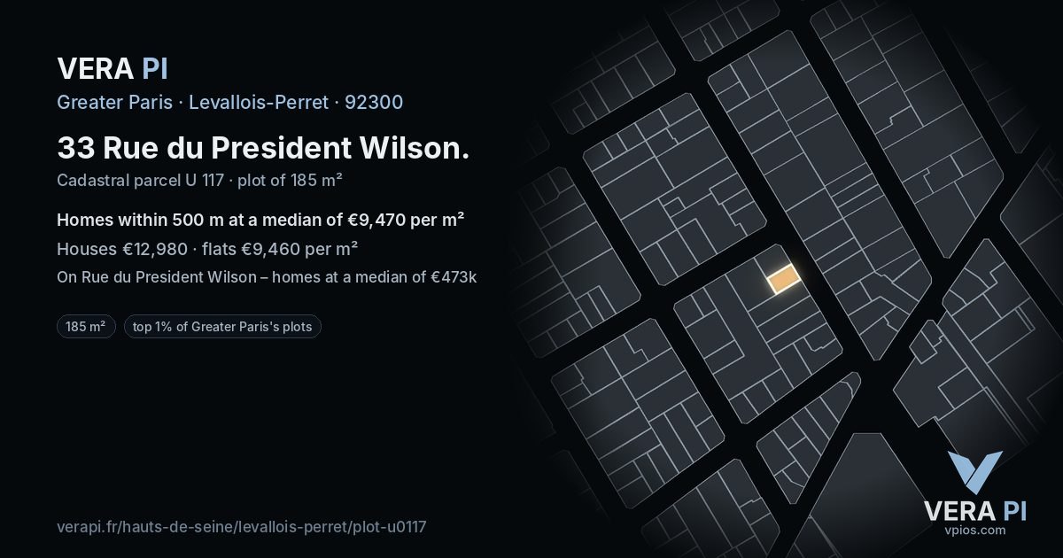 33 Rue du President Wilson, Levallois-Perret at night – the plot lit, the parcels around coloured by the prices near them