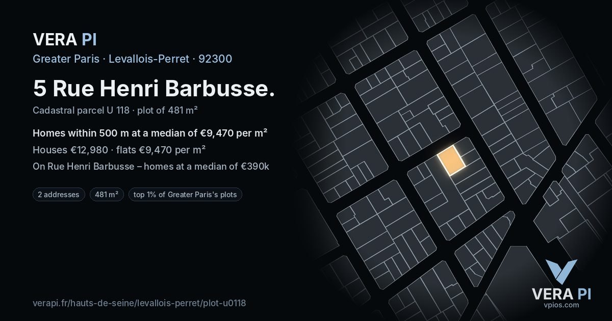 5 Rue Henri Barbusse, Levallois-Perret at night – the plot lit, the parcels around coloured by the prices near them