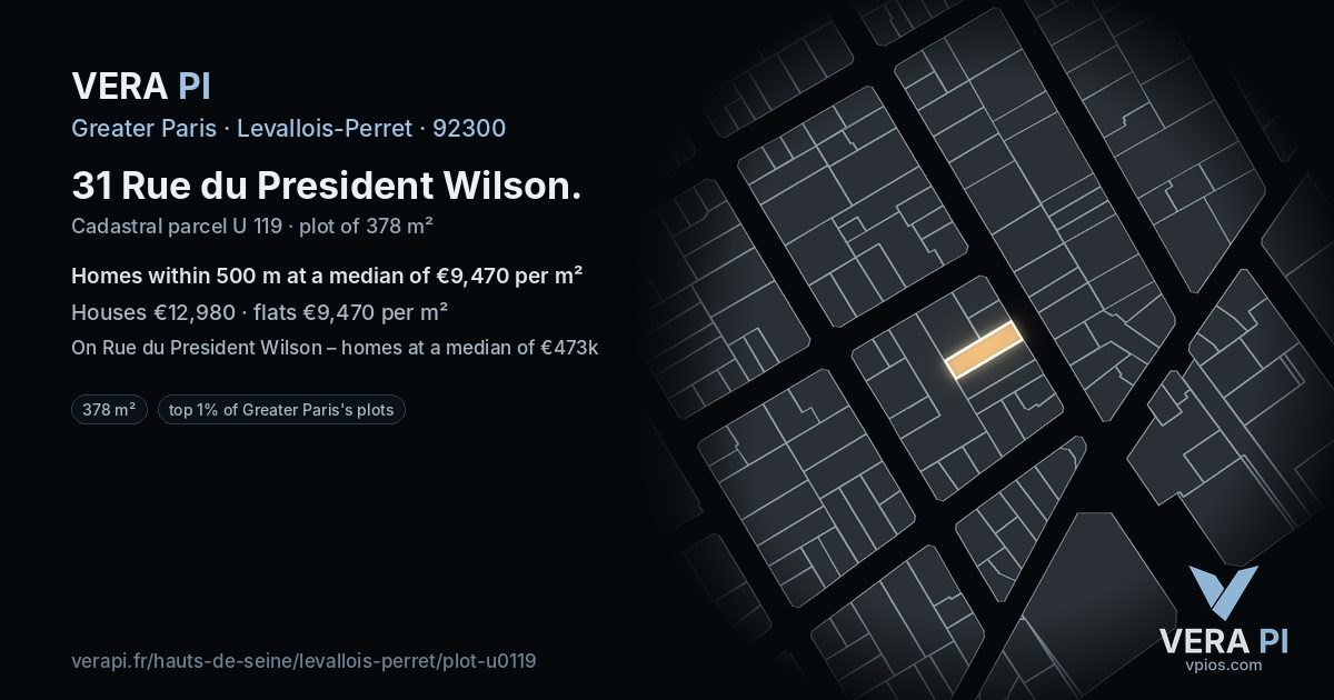 31 Rue du President Wilson, Levallois-Perret at night – the plot lit, the parcels around coloured by the prices near them