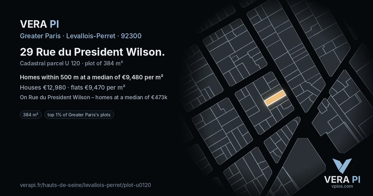 29 Rue du President Wilson, Levallois-Perret at night – the plot lit, the parcels around coloured by the prices near them