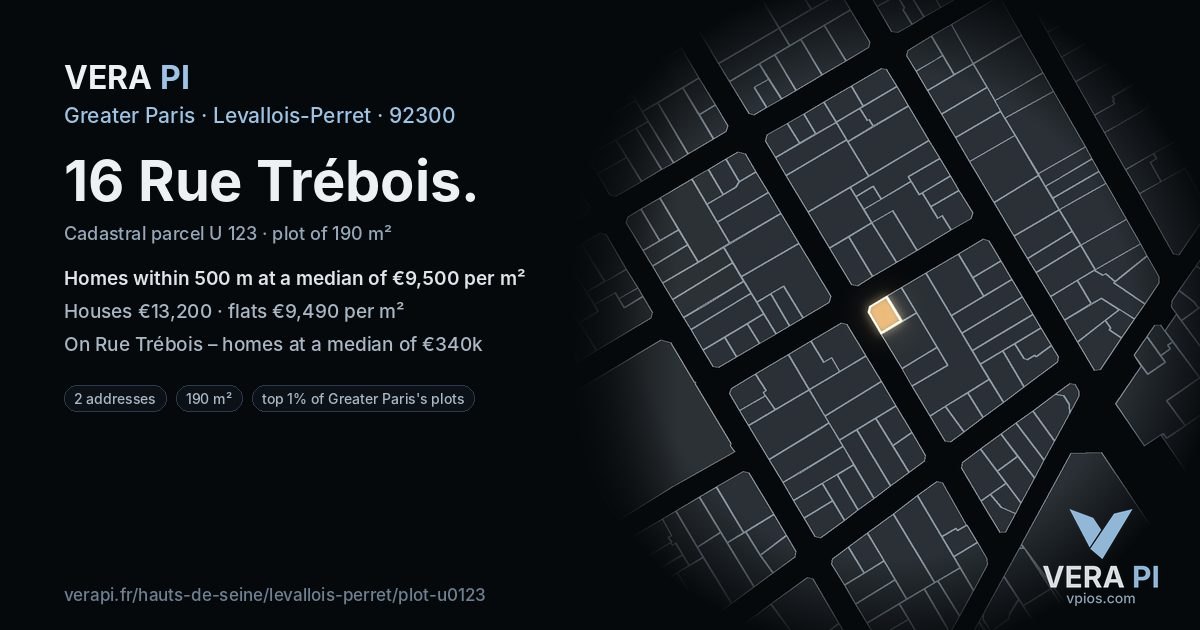 16 Rue Trébois, Levallois-Perret at night – the plot lit, the parcels around coloured by the prices near them