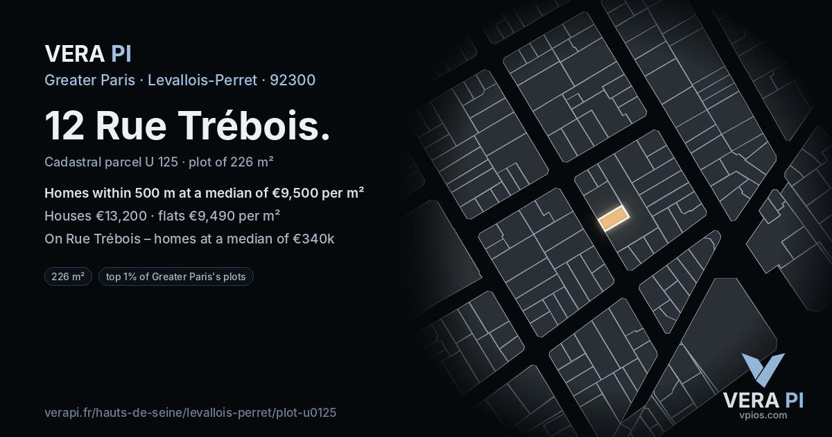 12 Rue Trébois, Levallois-Perret at night – the plot lit, the parcels around coloured by the prices near them