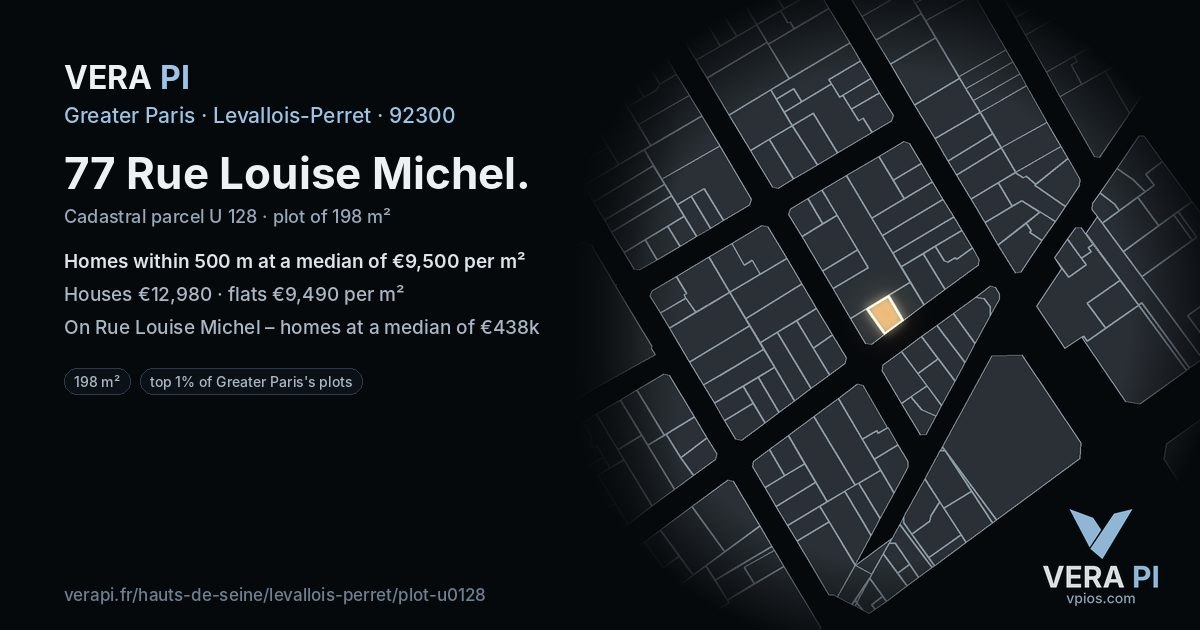 77 Rue Louise Michel, Levallois-Perret at night – the plot lit, the parcels around coloured by the prices near them