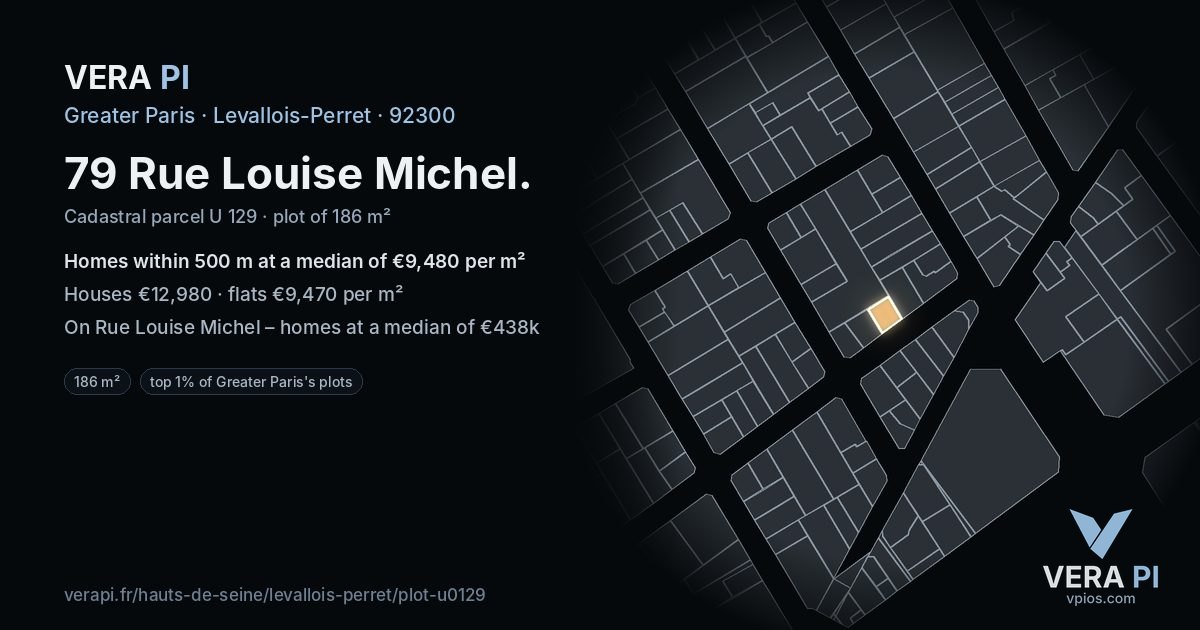 79 Rue Louise Michel, Levallois-Perret at night – the plot lit, the parcels around coloured by the prices near them