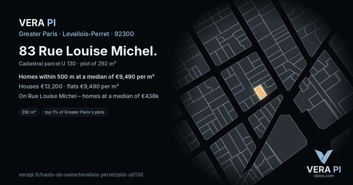 83 Rue Louise Michel, Levallois-Perret at night – the plot lit, the parcels around coloured by the prices near them