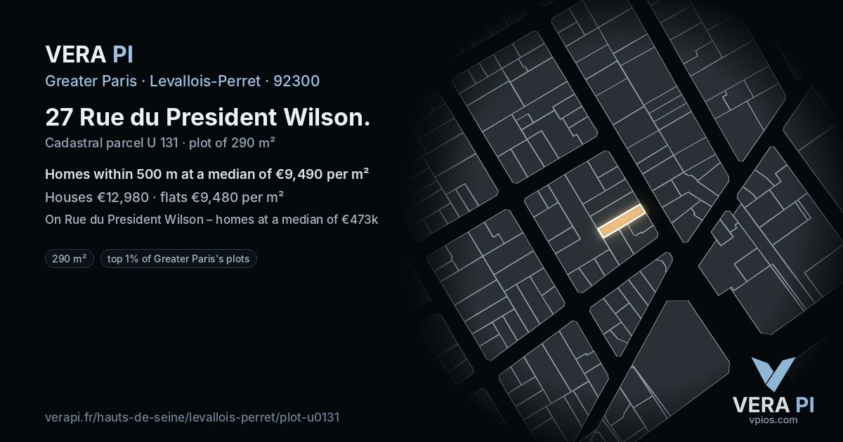 27 Rue du President Wilson, Levallois-Perret at night – the plot lit, the parcels around coloured by the prices near them