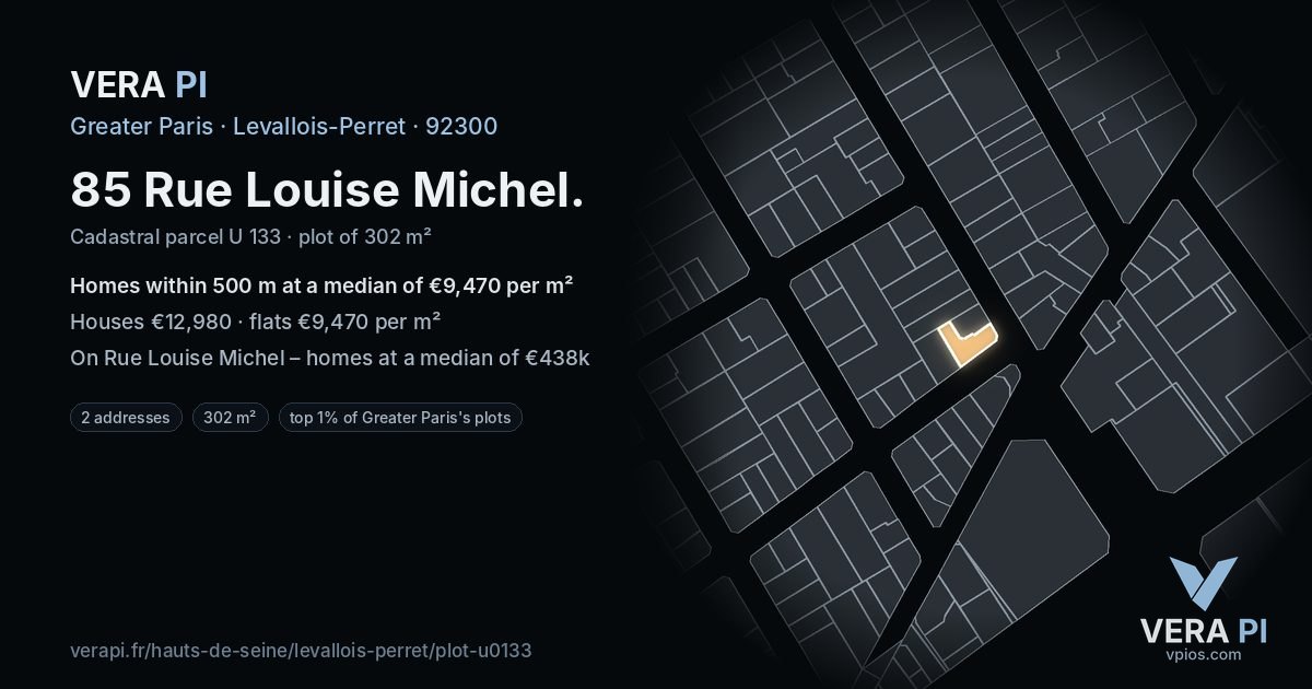 85 Rue Louise Michel, Levallois-Perret at night – the plot lit, the parcels around coloured by the prices near them