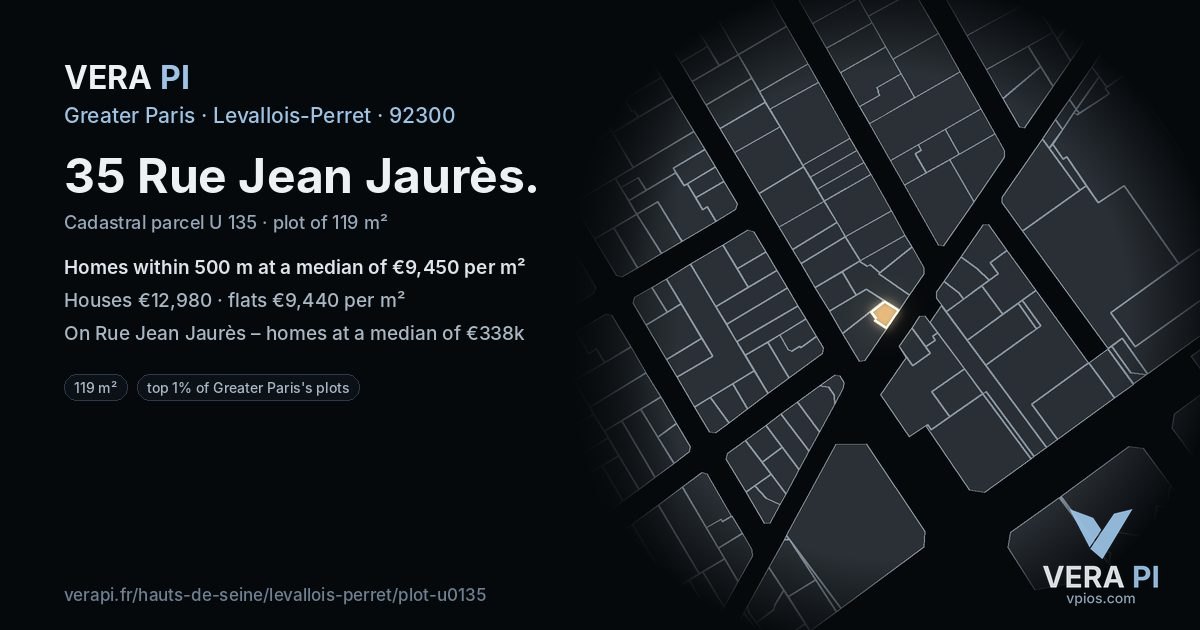 35 Rue Jean Jaurès, Levallois-Perret at night – the plot lit, the parcels around coloured by the prices near them