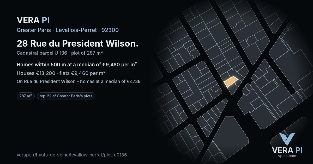 28 Rue du President Wilson, Levallois-Perret at night – the plot lit, the parcels around coloured by the prices near them